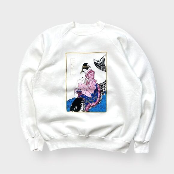 Hanes Tops - Vtg 90s Japanese Woodblock Print Sweatshirt, Ukiyo- Geisha Japan, Hanes USA XL